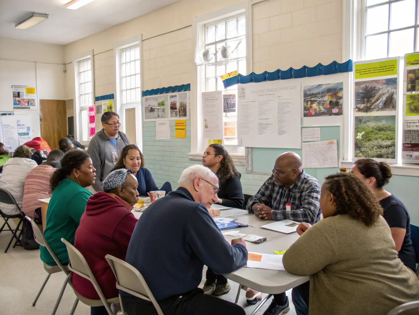 A group of community members participating in a DMV Legacy-led civic education workshop, learning about their rights, responsibilities, and how to engage in local government.