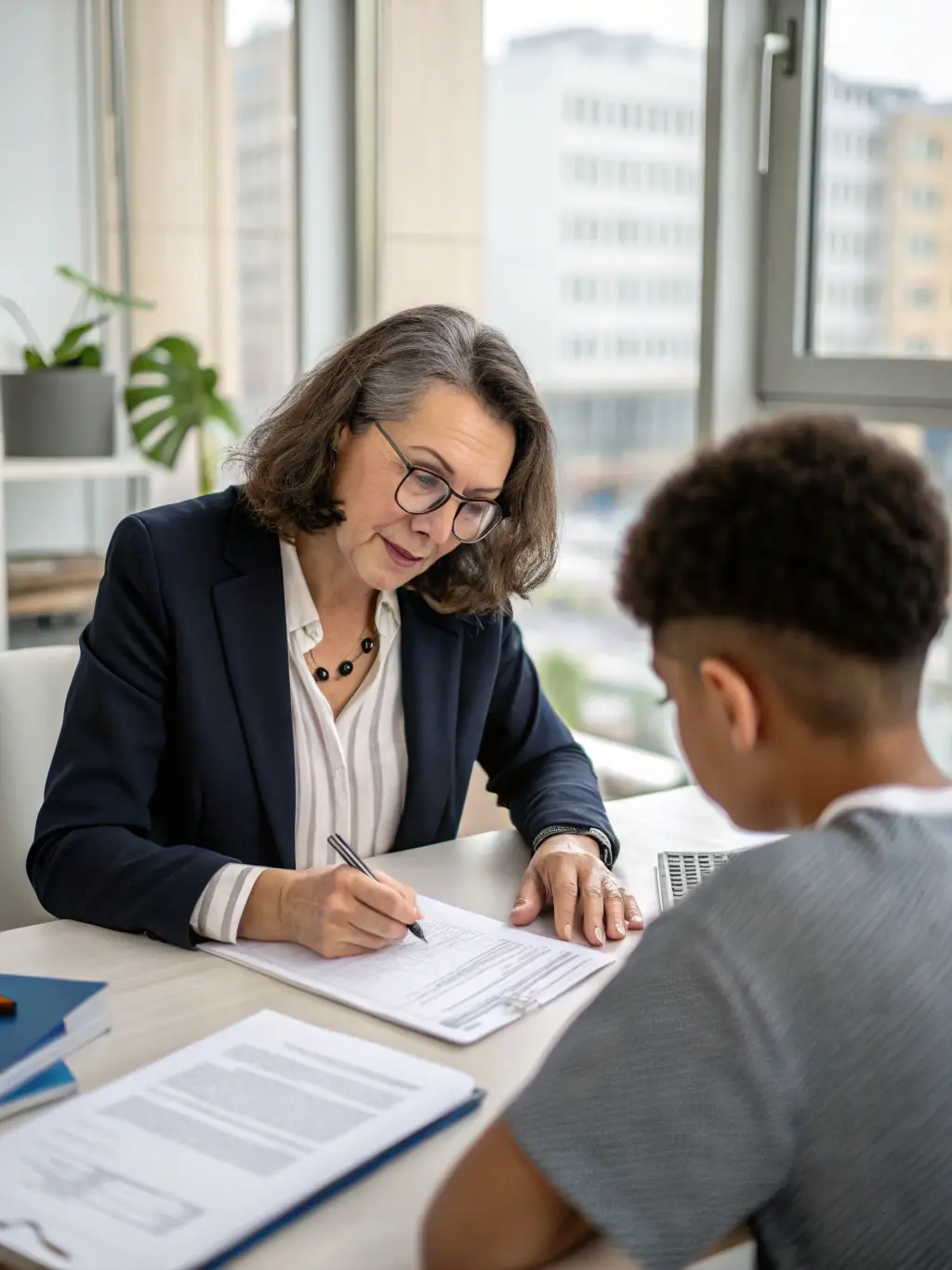 An individual receiving guidance and support from a DMV Legacy staff member while filling out immigration paperwork, highlighting the organization's immigration support services.
