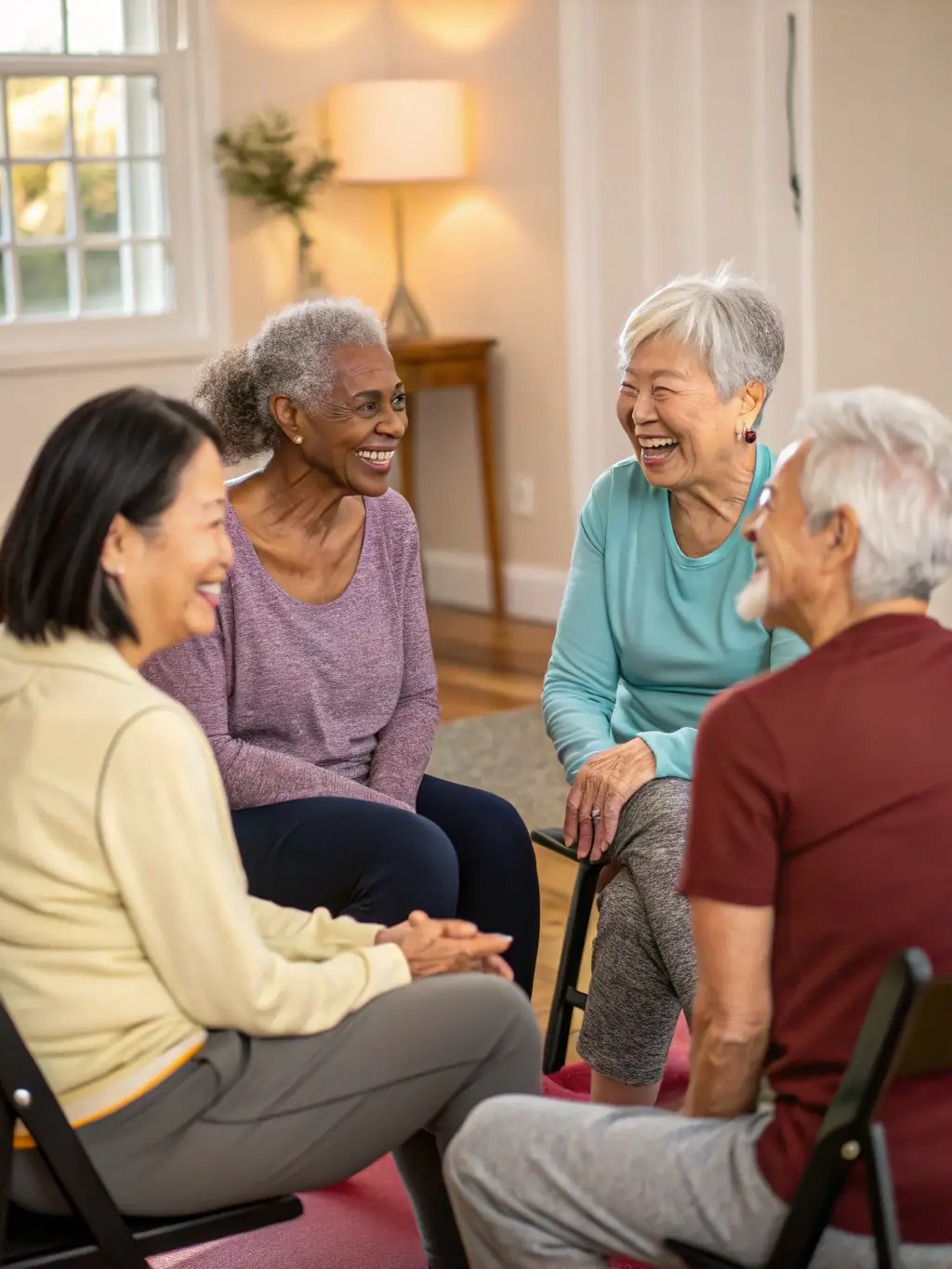 A group of seniors participating in a lively social activity at a community center, symbolizing DMV Legacy's senior and community services.