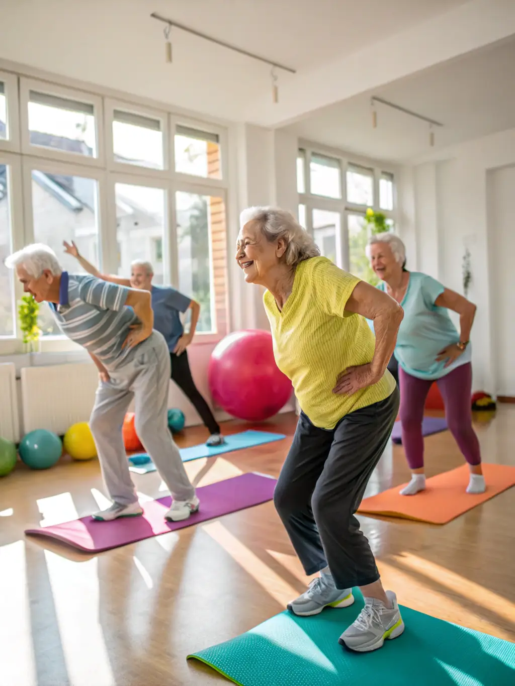 A group of diverse seniors participating in a lively wellness program at a community center, showcasing DMV Legacy's commitment to active and healthy aging.