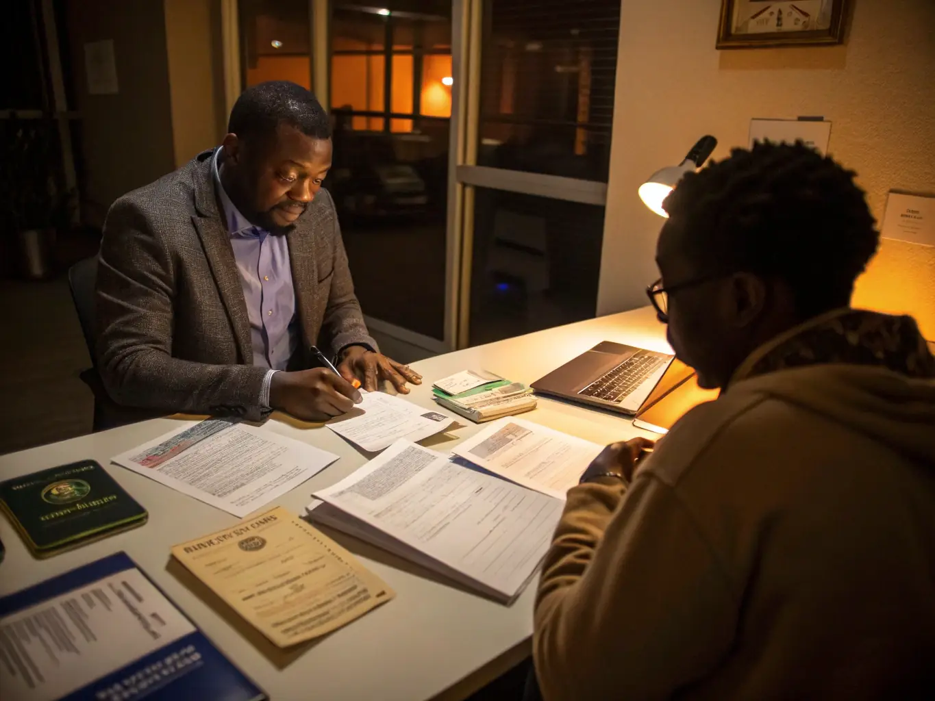 A DMV Legacy staff member assisting an immigrant family with their legal documentation and visa application process in a bright and welcoming office environment.