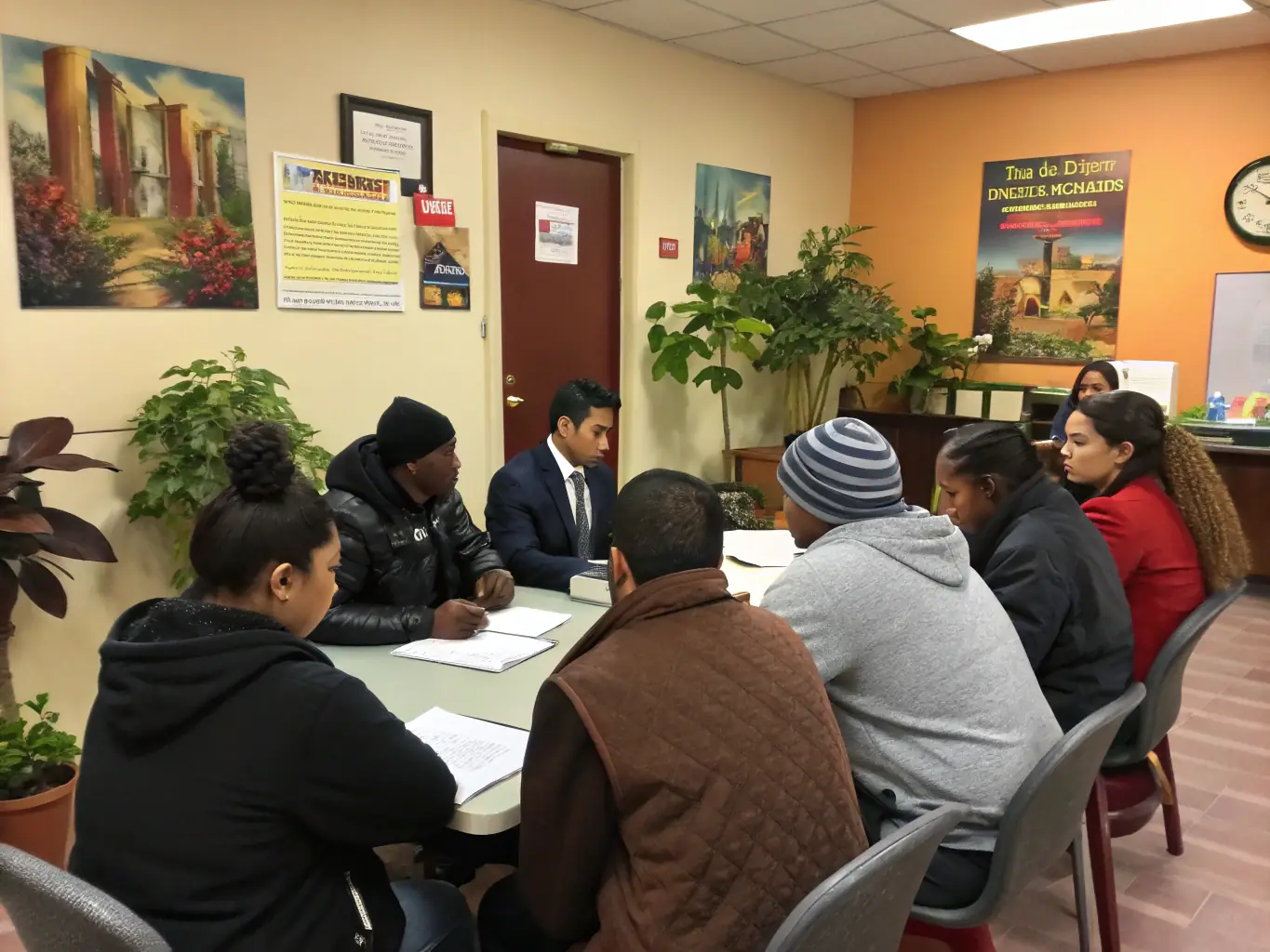 A diverse group of individuals consulting with an immigration advisor, representing DMV Legacy's immigration support services.